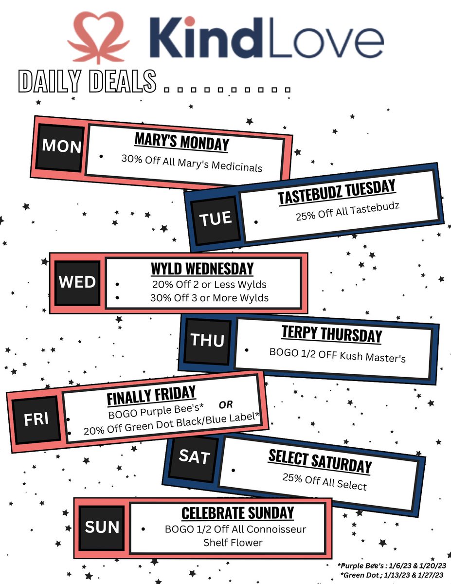 New Year, New Deals! 🥳🥳
<a href="/therealkindlove/">KindLove</a> <a href="/marysmedicinals/">Mary's Medicinals</a> <a href="/Wyld_Canna/">Wyld Canna</a> <a href="/GreenDotLabs/">Green Dot Labs (Dave)</a>