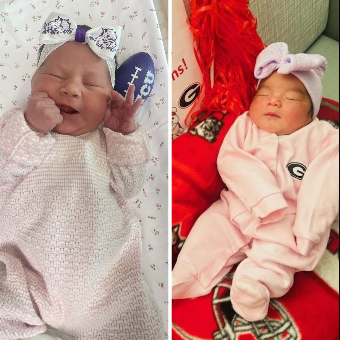 The ultimate showdown is upon us as @TCUFootball takes on @GeorgiaFootball in the #NationalChampionship game! These pint-sized fans are already showing their team pride, dressed in their spirited game day gear. Are you saying #GoFrogs or #GoDawgs?