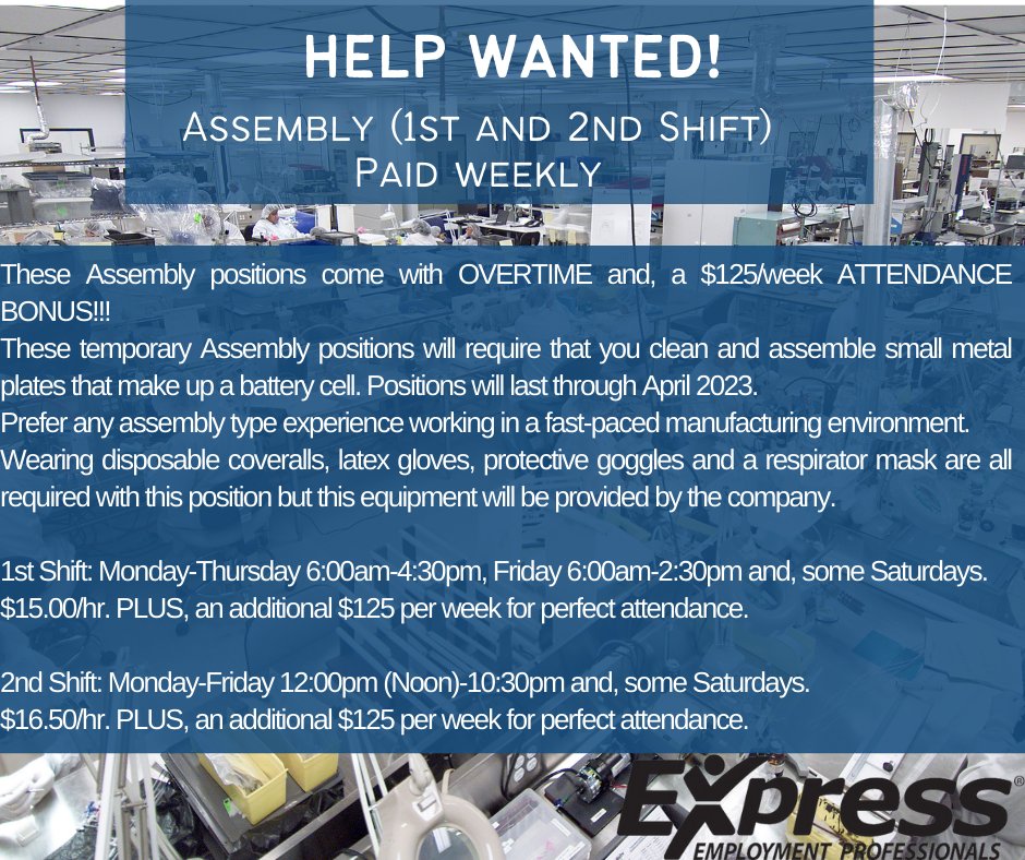 ExpressProsWaco's tweet photo. #IMMEDIATEHIRE!!!!! 
APPLY TODAY! START THIS WEEK!

These temporary assembly positions are available right now! There are TWO shifts available both include a $125 ATTENDANCE BONUS. 

GET PAID WEEKLY! 

Apply Now at https://t.co/TkPTyBj8Ah !

#ExpressPros #nowhiring #waco https://t.co/LeHugcmTrd