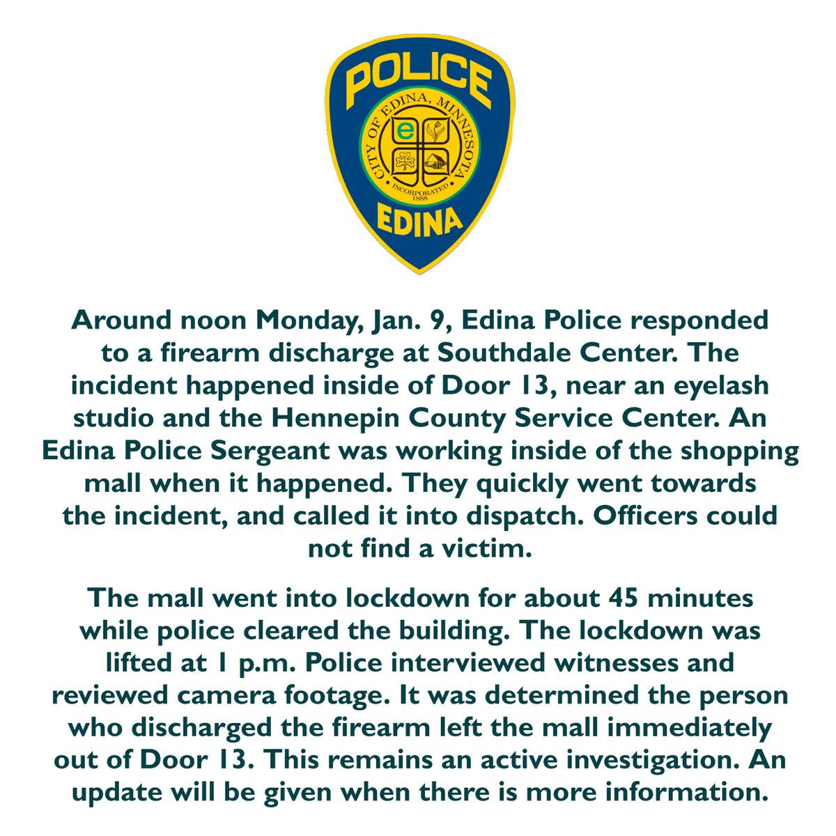 Edina Police Department on Twitter "Update on the incident that happened at Southdale Center