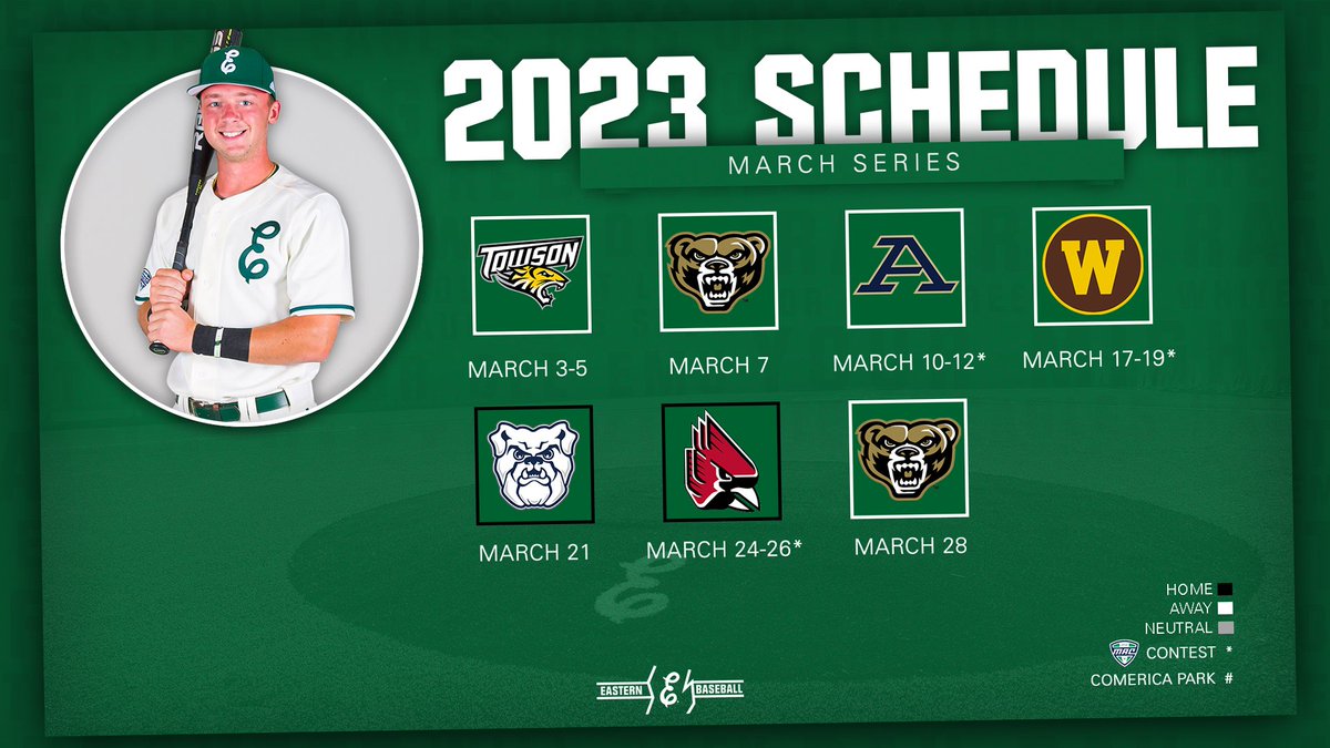 EMU_Baseball's tweet photo. New 𝙮𝙚𝙖𝙧, new 𝙨𝙘𝙝𝙚𝙙𝙪𝙡𝙚 😏

Our 2023 slate includes:
⚾️ 54 total games, 30 @MACSports contests
⚾️ 20 games at Oestrike Stadium
⚾️ Season opener, Feb. 17, vs. NKU

More info⤵️
📰 https://t.co/pYecVj7n0u
🗓️ https://t.co/2seCnvZLQt

#EMUEagles | #EMUBats https://t.co/8a6n1pM7AQ