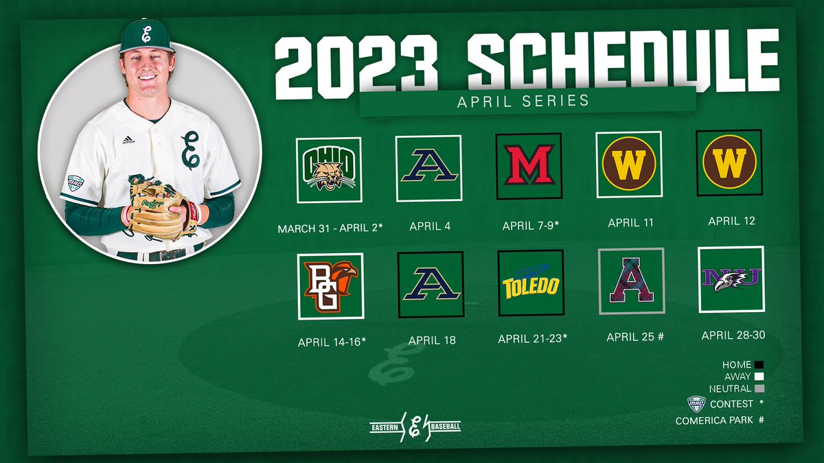 EMU_Baseball's tweet photo. New 𝙮𝙚𝙖𝙧, new 𝙨𝙘𝙝𝙚𝙙𝙪𝙡𝙚 😏

Our 2023 slate includes:
⚾️ 54 total games, 30 @MACSports contests
⚾️ 20 games at Oestrike Stadium
⚾️ Season opener, Feb. 17, vs. NKU

More info⤵️
📰 https://t.co/pYecVj7n0u
🗓️ https://t.co/2seCnvZLQt

#EMUEagles | #EMUBats https://t.co/8a6n1pM7AQ