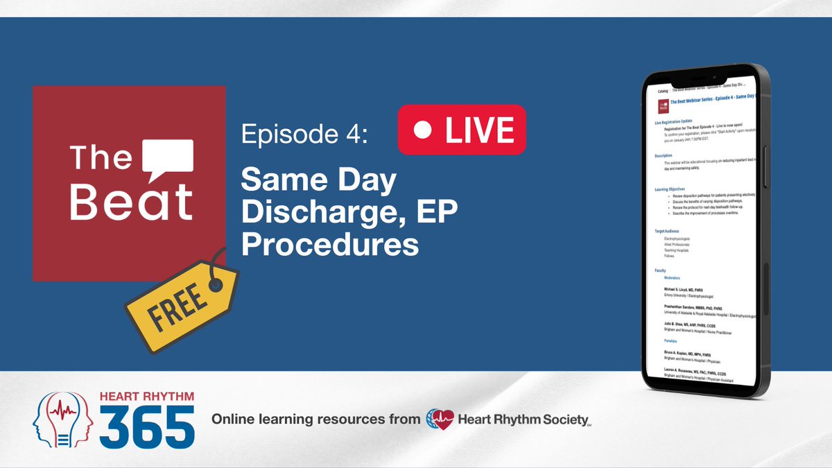 HRSonline's tweet photo. Join HRS and speakers Lauren A. Rousseau, MS, PAC, FHRS, CCDS, and Bruce A. Koplan, MD, MPH, FHRS, for a free live webinar: Same Day Discharge, EP Procedures on Tuesday, January 24, 2023, at 7:30 PM ET. Learn more >> https://t.co/LQujb4ZOi5 https://t.co/y62kNqI7nM