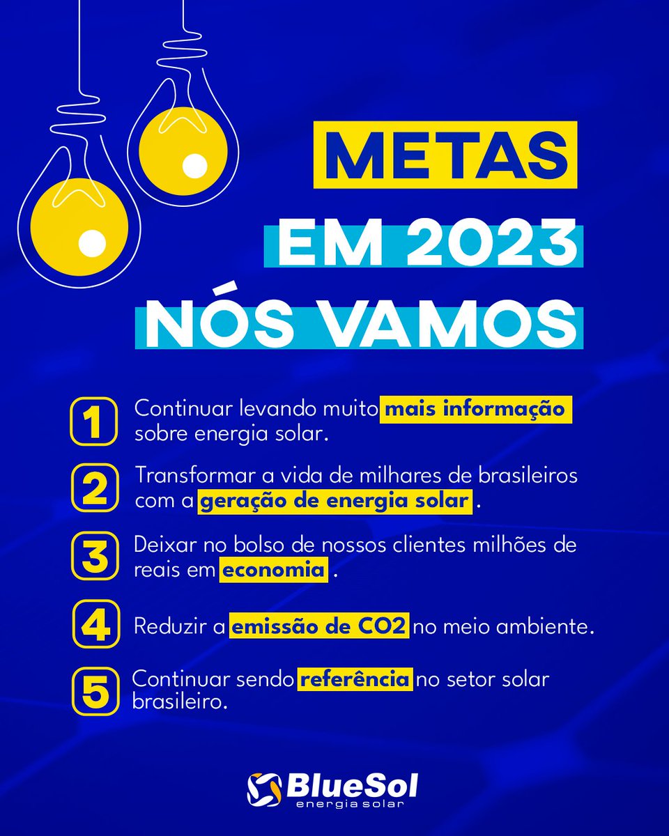 bluesol's tweet photo. Em todo início de ano, muita gente tira um tempo para planejar o que vem por aí e estabelecer alguns objetivos que deseja alcançar no ano! Confira aqui 5 de nossas metas para o ano de 2023! E por aí?! Já fez as suas metas? Se for economizar na conta de luz, conte conosco! 😉 https://t.co/cLX9viNTMp