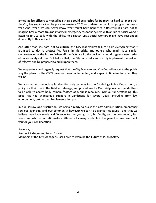 In response to last week's officer-involved shooting in #CambMA, <a href="/LorenCrowe/">Loren Crowe</a> &amp; I sent a letter today to the <a href="/CambMA/">City of Cambridge</a> City Council &amp; City Manager. We served as members of the City Manager's Task Force to Examine the Future of #PublicSafety. Letter: tinyurl.com/yz9p9fh4 #mapoli