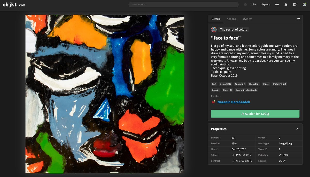 ⌛⚡🚨#Auction

Hi Hiiiii

In a few days, the work "Face to Face" by the talented artist <a href="/NaziDarabzadeh/">Nazanin Darabzadeh</a> ✨will be in #action💥 🚨.

🔹Base price: 5 #xtz✨🚨

👹I will be happy if you #support us
 with your suggestions.

 🤍🙏Please retweet.
objkt.com/asset/KT1PUEFf…