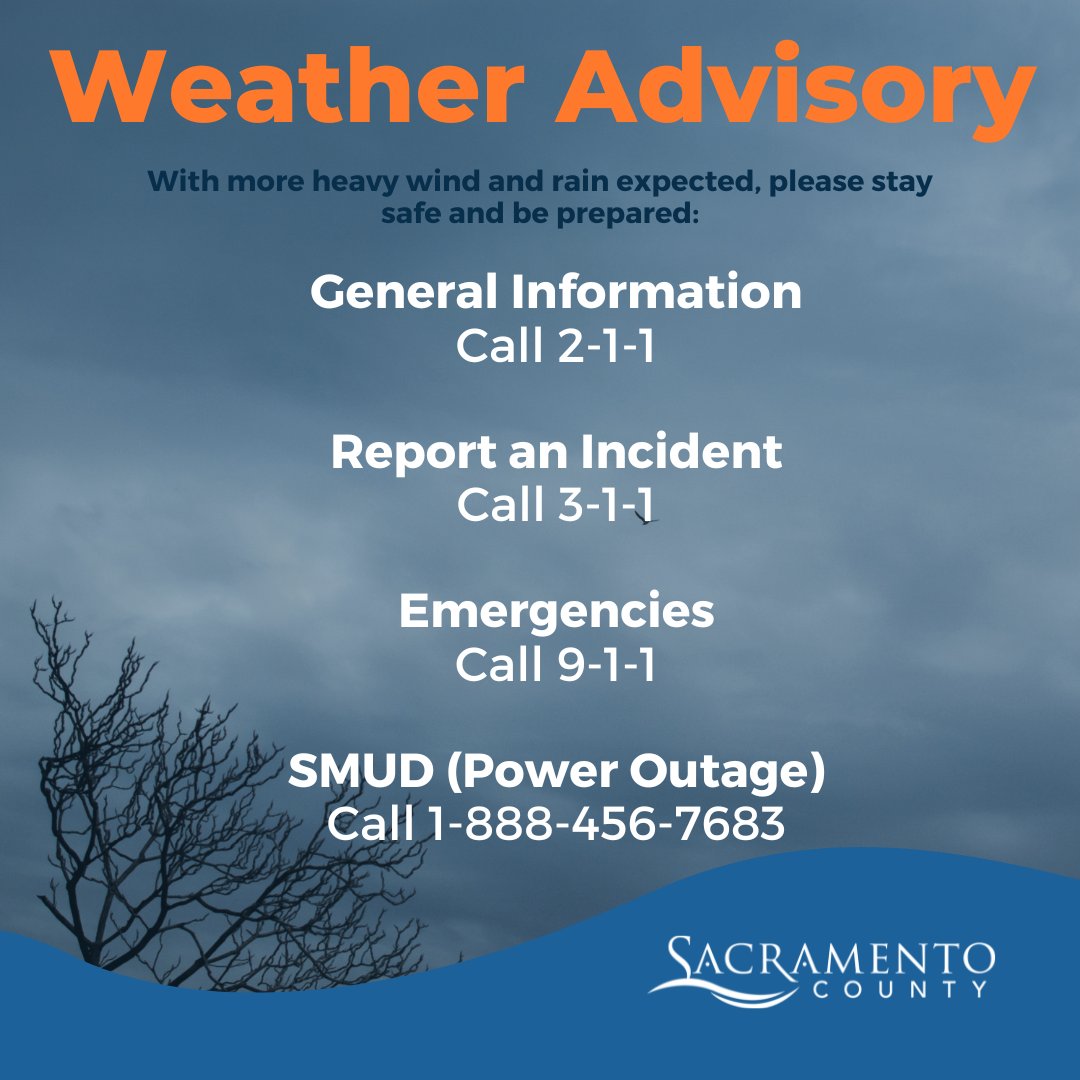 SacCountyCA's tweet photo. With more heavy wind and rain expected, please stay safe and be prepared. Sign up for emergency alerts at https://t.co/p0KEIvHhu8. For storm updates and tips, visit https://t.co/aWvNOohsS9. To view live evacuation maps and shelter locations, visit https://t.co/rnXs7z9h95. https://t.co/aHGnRQCyO0