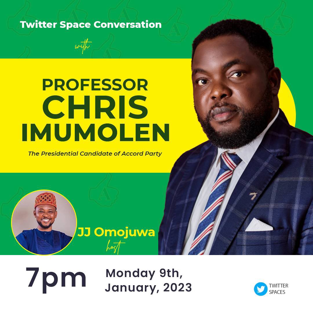 Omojuwa's tweet photo. Accord’s @pciforpresident says he’d make Peter Obi Minister of Trade and find how to involve other candidates in his government. I’ll be asking him questions about his ambitions and his readiness to mount a challenge for the presidency! Join us at 7pm. https://t.co/089kVMpYH0