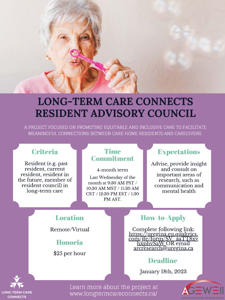 Long-Term Care Connects is recruiting resident partners for an Advisory Council that will provide insight and help develop important research questions within long-term care! Check out our poster or click the link below to see if you are eligible:  uregina.eu.qualtrics.com/jfe/form/SV_aa…