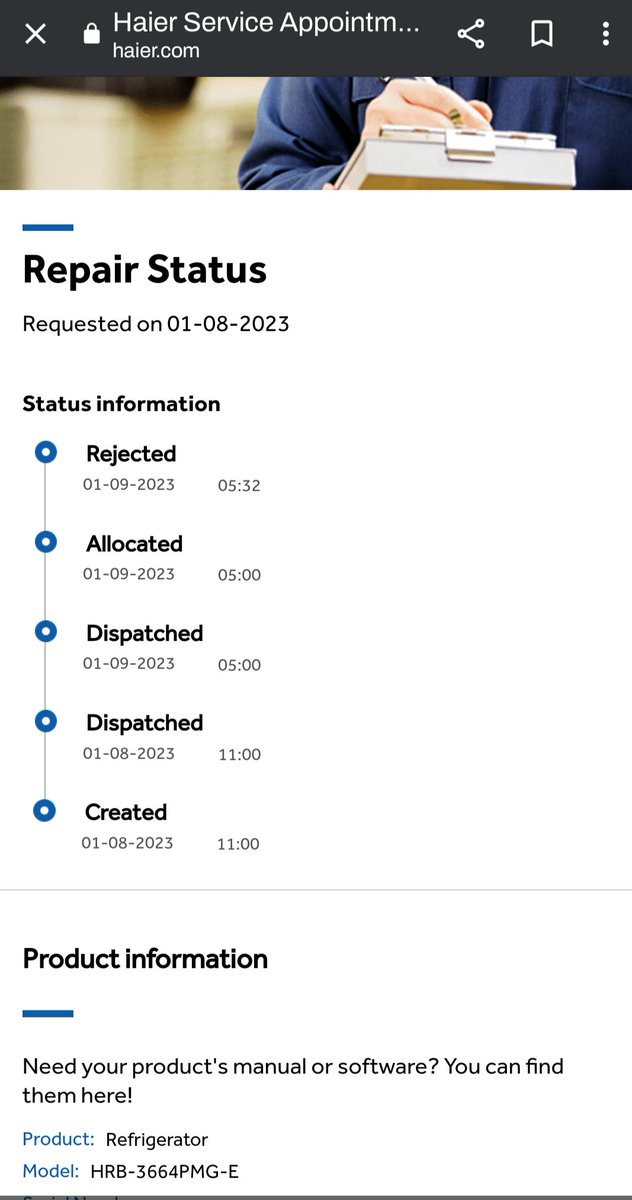 madhurv1's tweet photo. @IndiaHaier care to elaborate why this service request HI20230108000748 was rejected? https://t.co/MO3POnbAjp