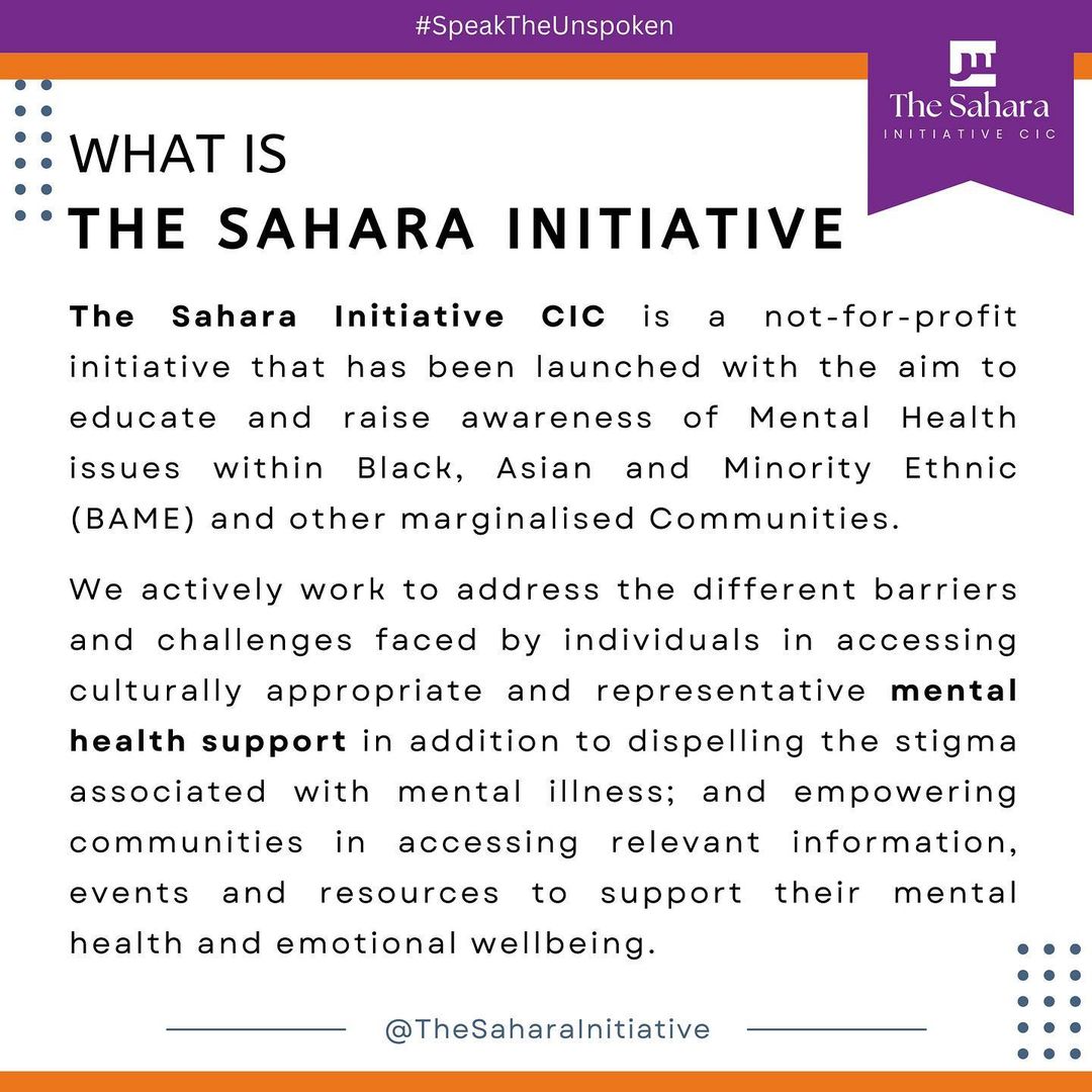 Sahara_CIC's tweet photo. The Sahara Initiative CIC is a not-for-profit initiative launched to educate and raise awareness of Mental Health issues within Black, Asian, and Minority Ethnic (BAME) and other marginalised Communities. 

#MentalHealthMatters #MentalHealthAwareness #Bradford #SpeaktheUnspoken https://t.co/rNvgVJL1eV
