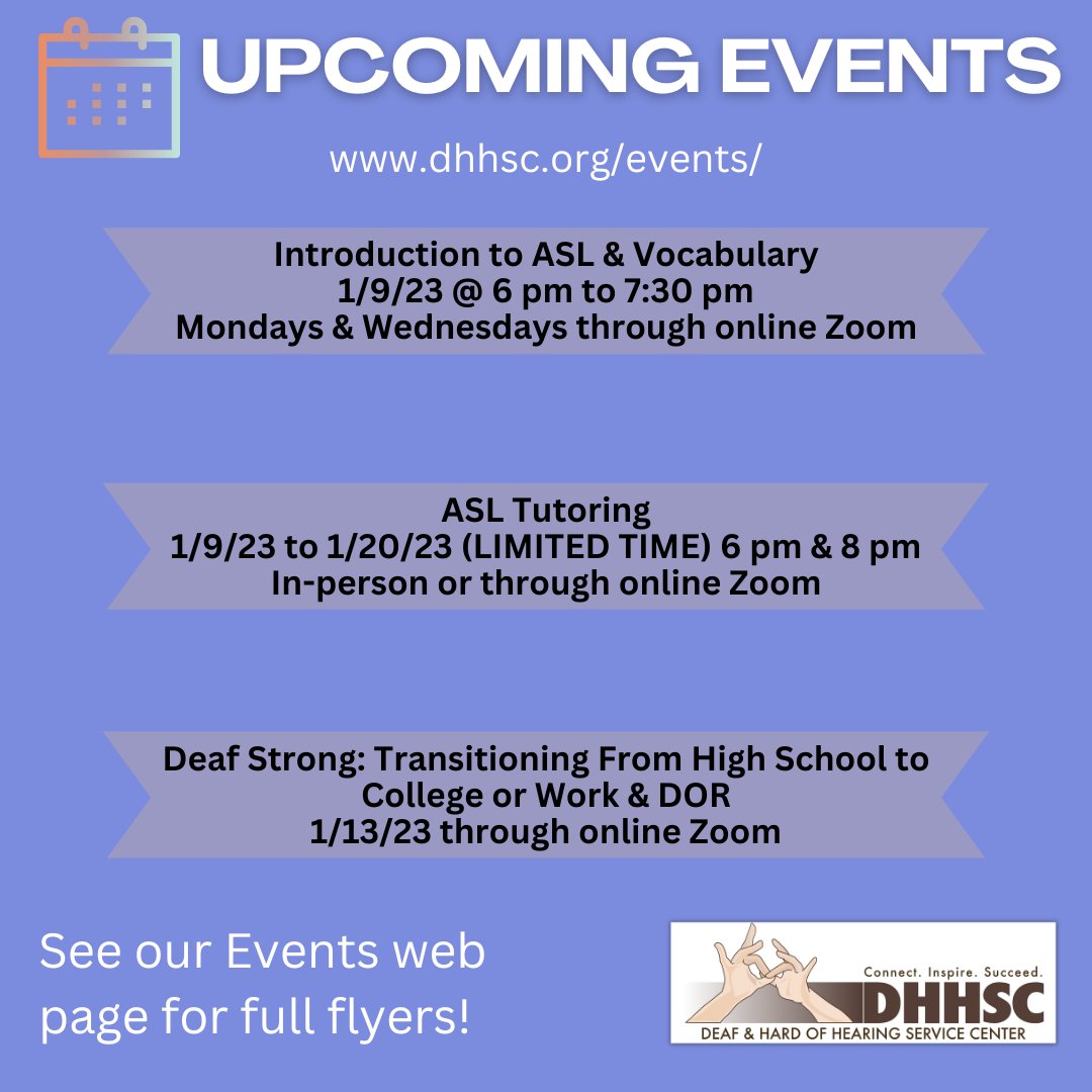 DHHSCtweets's tweet image. *FRIENDLY REMINDER - THIS WEEK!*

Don&apos;t miss these out &amp;amp; much more!

dhhsc.org/events/

See you then!

#DHHSC #ASLTutoring #IntroductionToASLAndVocabulary #DeafStrong