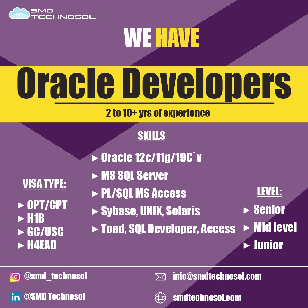 Hiring Oracle Developers for your organization? 
We have experienced Oracle Developers.. If you're hiring feel free to follow & contact us for more information.

#recruitment #usajobs #hiring #smdtechnosol #wearehiring #usstaffing   #jobopportunity #oraclejobs #oracledeveloper