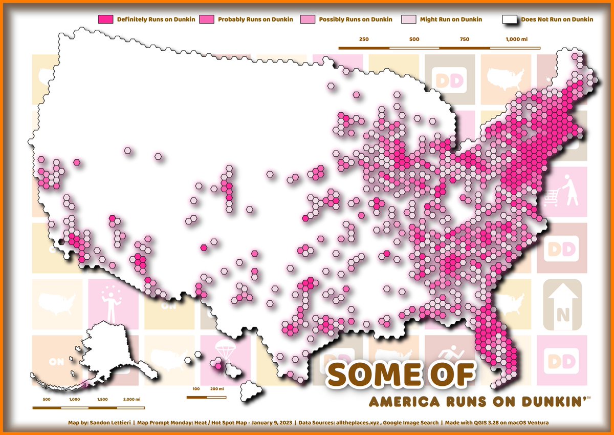 Heat Map #MapPromptMonday I decided to explore whether America actually runs on Dunkin. I had a ton fun playing with the different style elements and blending as much together as possible.Each feature is color coded based on the number of locations in each area. #gischat #heatmap