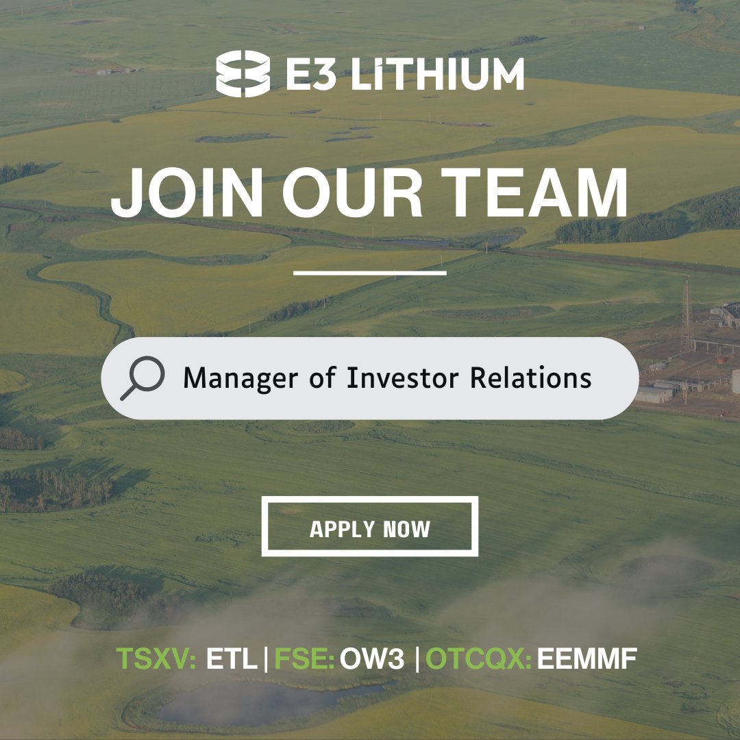 e3lithium's tweet photo. #E3Team - E3 Lithium is looking for an experienced Manager of Investor Relations to join our team.

If you'd like to be part of developing a new and innovative industry right here in Alberta, apply now!

Learn more ➡️ https://t.co/EISSZp8o3l https://t.co/ngLlxDiNWt