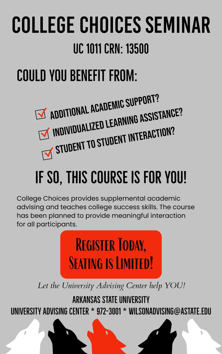 We will be having a stop-in from 11 am-1 pm in the University Advising Center located on the first floor of the Dean B. Ellis library suite 117. We will share information for College Choices and help get you registered for the class.