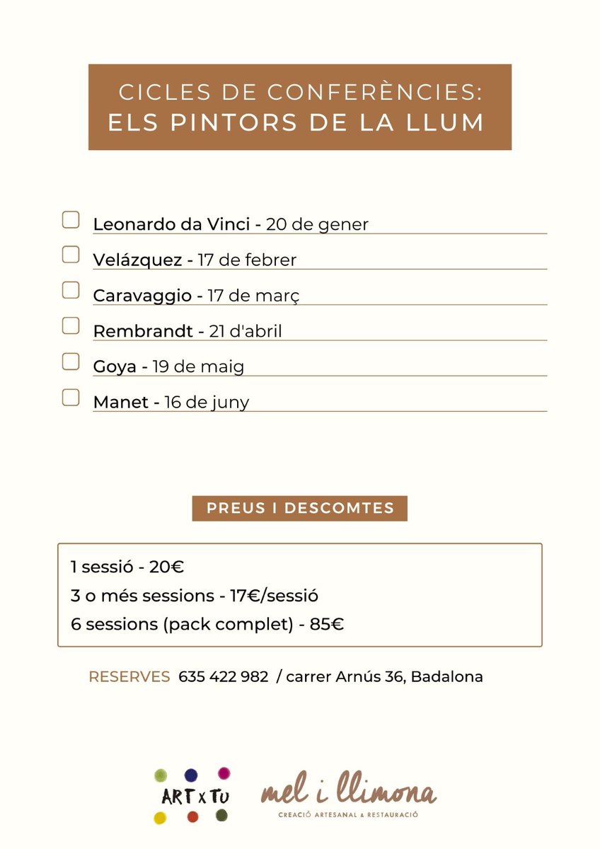 artxtu's tweet photo. El 20/01 iniciem cicle de conferències: "Els pintors de la llum" a l'espai "MeliLlimona" amb LEONARDO DA VINCI!!
Va ser un gran geni que destacà en molts àmbits del coneixement, i en pintura inicià la tècnica del sfumato i de la perspectiva aèria.
Tota la info a: 635 422 982 https://t.co/318iJW6Wt8