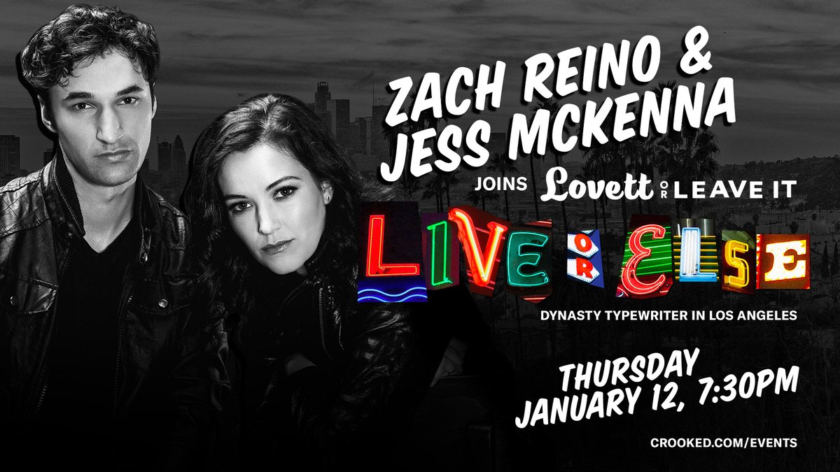 CrookedMedia's tweet photo. It's a new week, which means a new #LovettorLeaveIt lineup is here! Catch @ItsMichelleHurd, @ZachReino, Jess McKenna, @sherlyholmes, and Holmes on stage with @jonlovett this Thursday @JoinTheDynasty. 

See you there: https://t.co/oy0E13PKbB https://t.co/ApL9fB7N1i