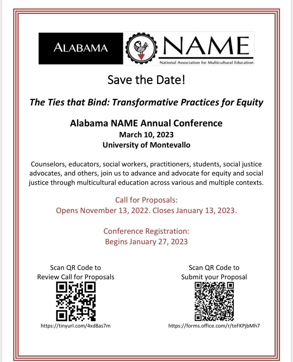 robertherron's tweet photo. @Montevallo’s CEHD #Diversity Committee invites you to submit proposals for the 2023 Alabama National Association for Multicultural Education (AL NAME). #counselors #educators #socialworkers #practitioners #students, #socialjustice #advocates #inclusive #ALNAME https://t.co/q3EXDKD0pp