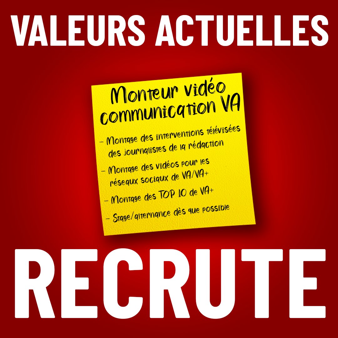 🔴 L'équipe communication de VA recherche un monteur vidéo pour les différents réseaux sociaux du journal !
Expérience et/ou formation dans le domaine souhaitées

✉️ Contact/informations : @Tancrede_Crptrs