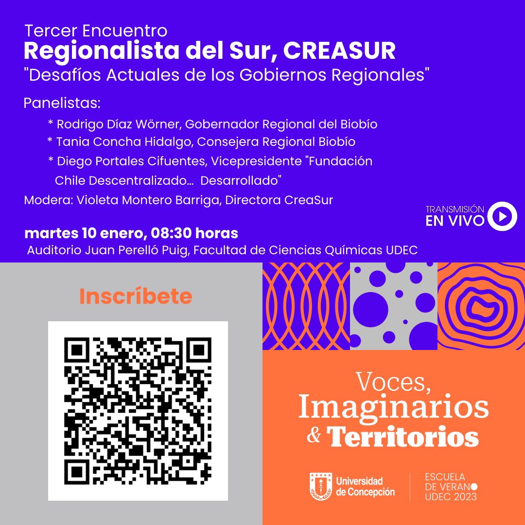 <a href="/CreasurUdec/">CreaSur UdeC</a> invita al Tercer Encuentro Regionalista del Sur; "Desafíos actuales de los Gobiernos Regionales". Escanea el código QR y asiste mañana martes 10 en el Auditorio Juan Perelló Puig, de la Facultad de Ciencias Químicas de la <a href="/udeconcepcion/">Universidad de Concepción</a> 

#EscuelaVeranoUdec