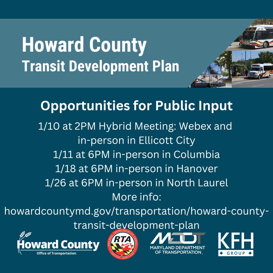 Updated info: 
Our Transit Development Plan public meetings begin tomorrow, January 10th with a hybrid meeting (Webex and in-person in Ellicott City) followed by three in-person meetings scheduled through January 26th. More info: howardcountymd.gov/transportation…