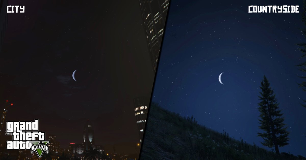 GTAVI_Countdown's tweet photo. Fact: GTA V’s lighting system has realistic light pollution which makes stars less visible in Downtown Los Santos than in the hills. https://t.co/3mikNLhonH