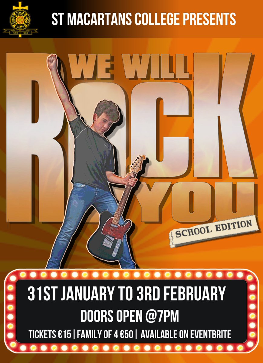 stmacartans's tweet photo. 🪘 Major Announcement🪘

The countdown to one of our highlights of the school year starts tonight!!

''We Will Rock You'' starring #ourboys 🤘🤘

Tuesday January 31st, Wednesday February 1st, Thursday 2nd and Friday 3rd!

Tickets on sale here👇
https://t.co/2J6EbhzWM2 https://t.co/k7UrWYOBvZ