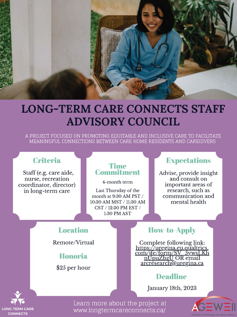 Long-Term Care Connects is recruiting staff partners for an Advisory Council that will provide insight and help develop important research questions within long-term care! Check out our poster or click the link below to see if you are eligible:  uregina.eu.qualtrics.com/jfe/form/SV_5y…