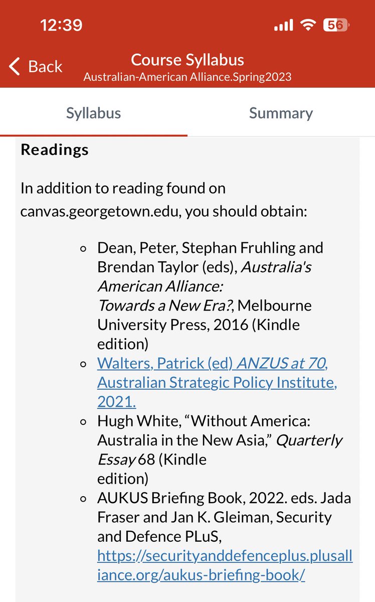 Really fantastic (and humbling) to see the @SecDefencePLuS AUKUS Briefing Book in Dr. Tidwell’s @CANZPS Georgetown Course on the U.S.-AUS Alliance! So excited for this course! (Check it out @jkgleiman @RyanShawASU)!!