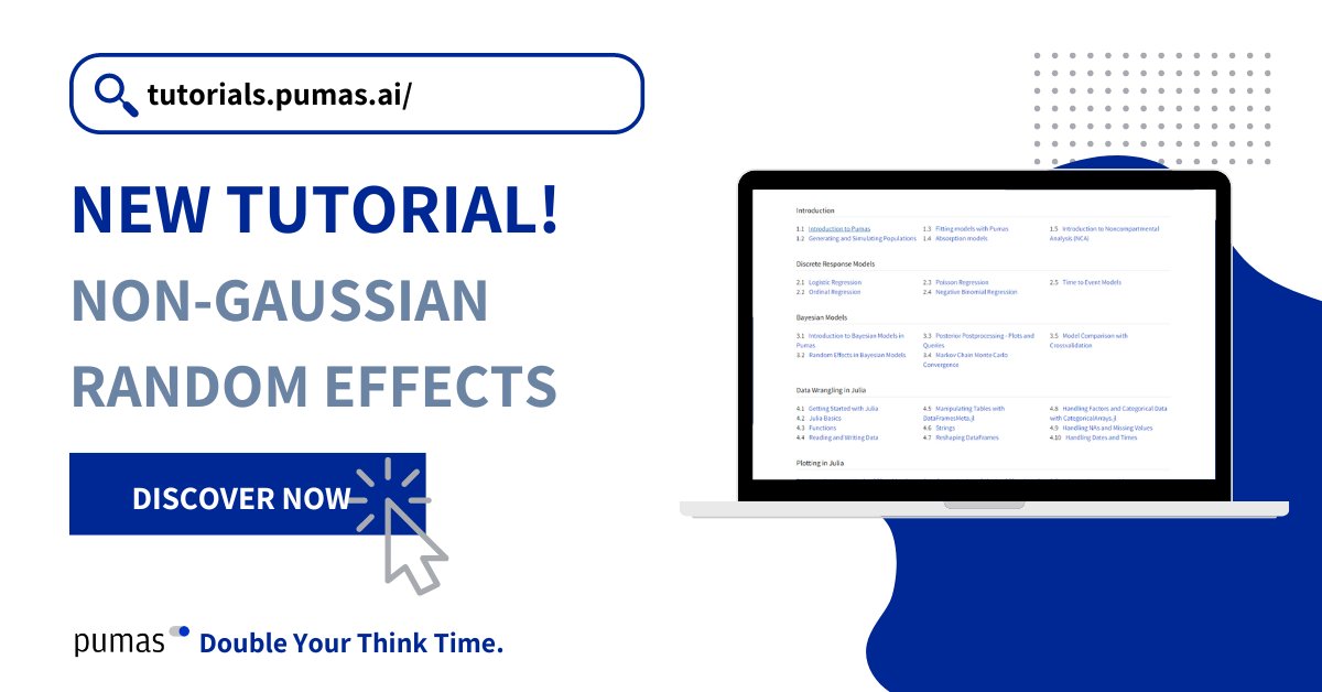 pumas_ai's tweet photo. Just Released: Non-Gaussian Random Effects Tutorial Notebook!
Access via https://t.co/qRqCtPouIN or your Pumas Labs Dashboard! (https://t.co/do9QQyUhuv)
#Pumas #PumasLabs #PumasAI #pharmacometrics #modelingandsimulation #PKPD #NLME https://t.co/wy1HielHpk