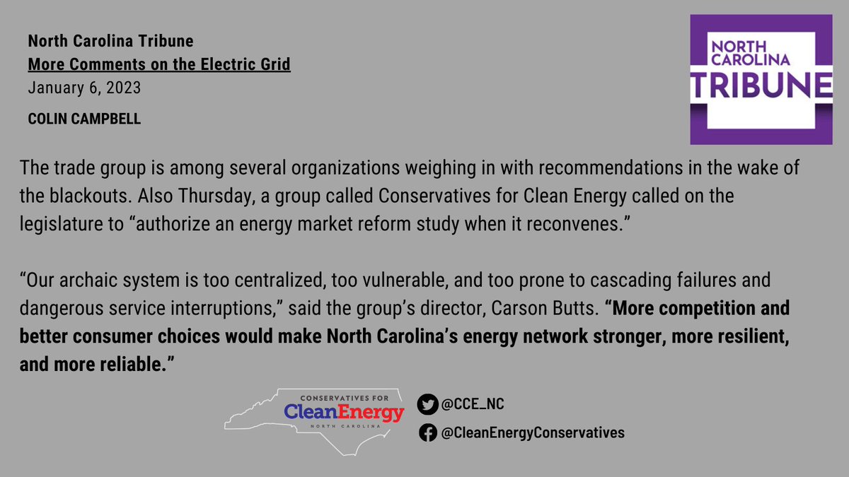 ICYMI @CCE_NC State Director Carson Butts on the NC electric grid: 

“More competition and better consumer choices would make North Carolina’s energy network, stronger, more resilient, and more reliable.” 

@nc_tribune #CleanIsRight