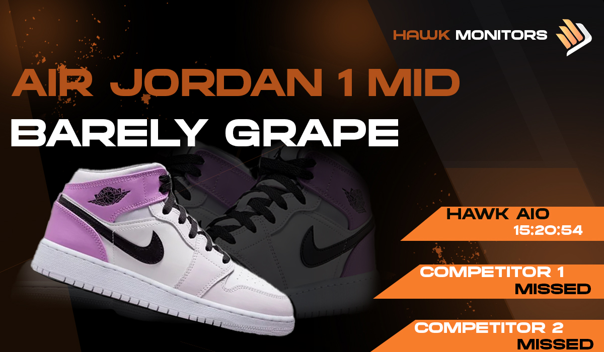 Apparently, Hawk Monitors was the only monitor provider to detect the 'Air Jordan 1 Mid Barely Grape' via SNS monitor🔥🔥 To experience efficiency and successful results Join @HawkAIO Today!😎 RT♻️+FOLLOW✅ for a surprise in DMs.