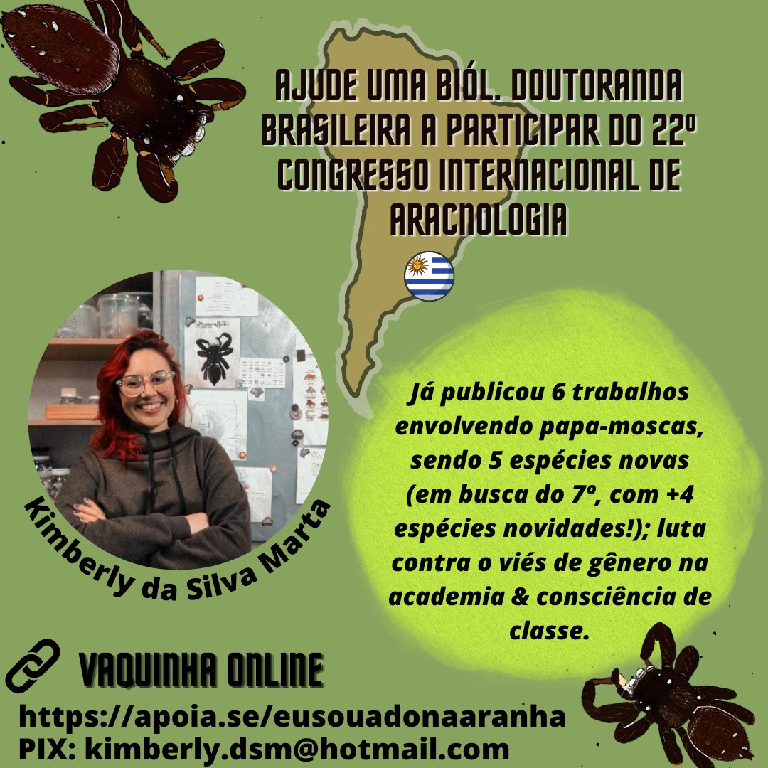 kim_dasaranhas's tweet photo. Oi gente, trouxe essas e outras informações referente ao meu trabalho pois peço encarecidamente que me ajudem a realizar mais um sonho de bióloga que ama as aranhas! https://t.co/YMrKSh2202