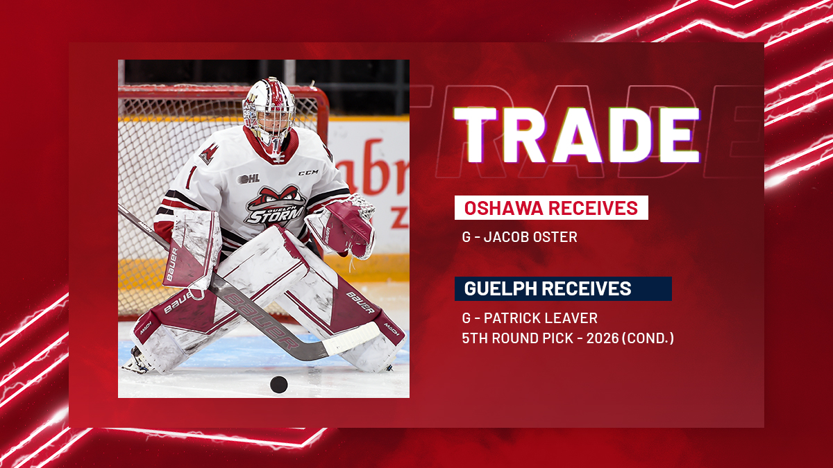 Oshawa_Generals's tweet photo. TRADE: Oshawa Generals goaltender Jacob Oster from the Guelph Storm, in exchange for Patrick Leaver and a conditional 5th round pick in 2026

MORE | https://t.co/6DlrGx95br

#GensNation https://t.co/P9NMwip86i