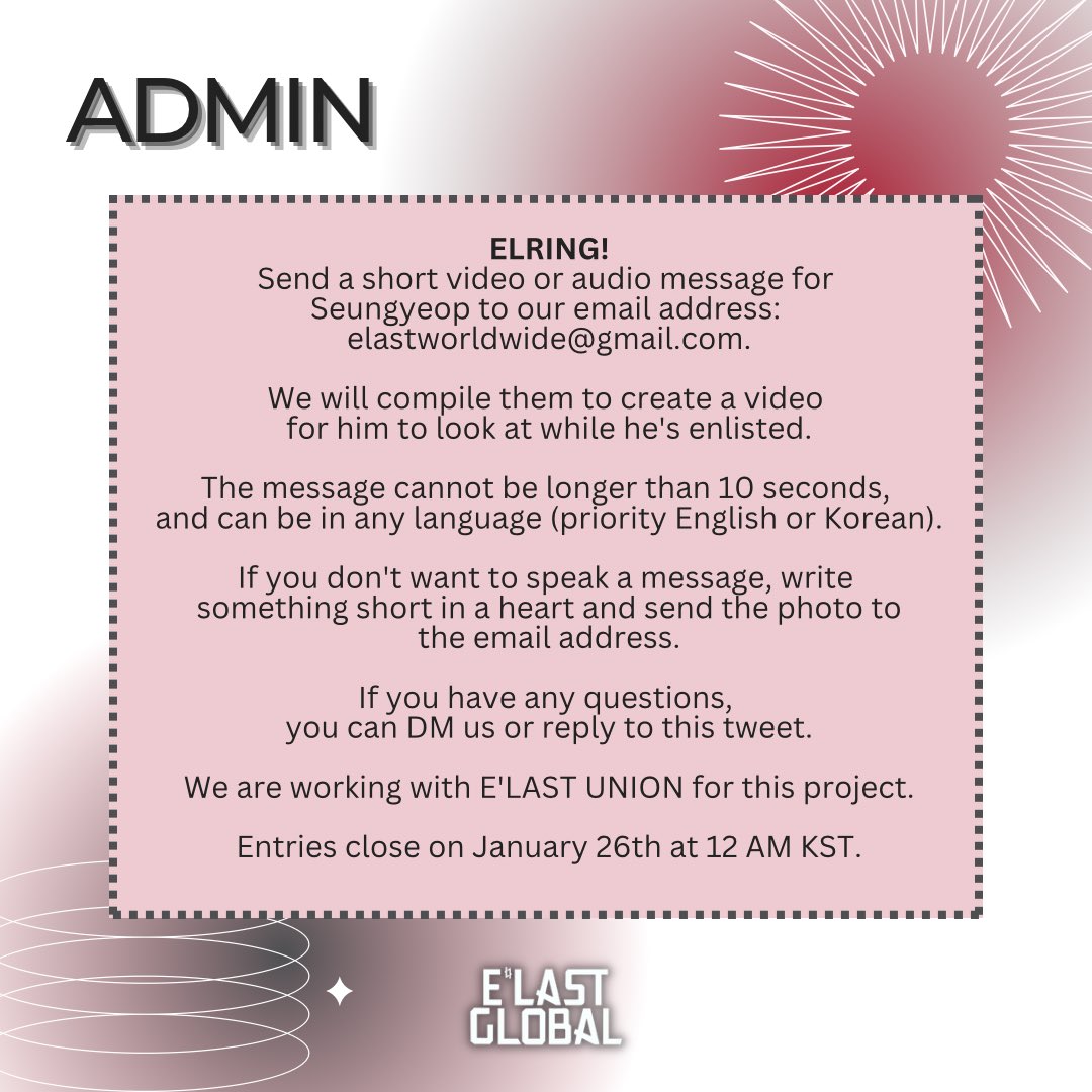ELASTWORLDWIDE's tweet photo. 📢 ║ ADMIN 🌵

ELRING! We are preparing a video project for Seungyeop. Please read the images to participate, send all submissions to elastworldwide@gmail.com

We are partnering with E'LAST UNION for this project!

#ELAST #ELRING #엘라스트 #엘링 #SEUNGYEOP #승엽 @ELASTofficial https://t.co/x6hZ8wIo8v