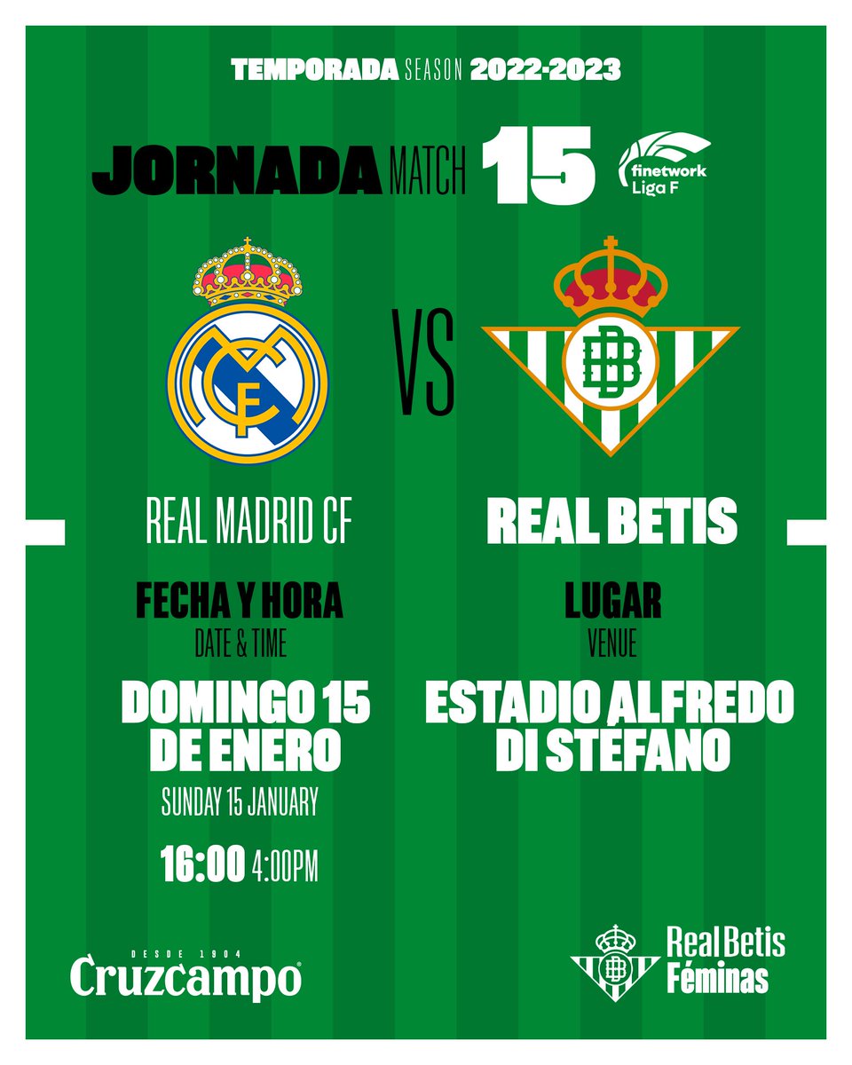 RealBetisFem's tweet photo. 🗓️ HORARIO | @realmadridfem - #BetisFéminas, domingo 15 de enero a las 16:00 horas 

➡️ https://t.co/sVnaKWHRmv

#FinetworkLigaF https://t.co/t37O8RHvu1