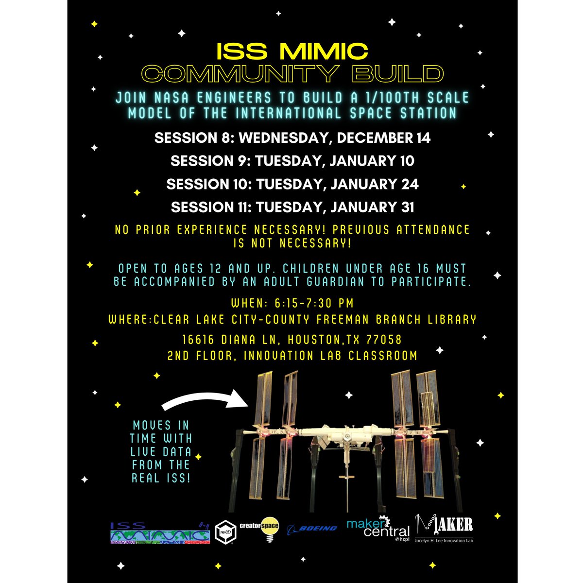 Tomorrow Jan 10 at 6:15pm is the next session for the <a href="/ISS_Mimic/">ISS Mimic</a> Community Build at <a href="/FreemanLib/">Freeman Library</a> in Houston! Come help us build a 1/100th scale moving model of the International Space Station! New makers are welcome at any or all of the sessions! 

<a href="/harriscountypl/">Harris County Public Library</a>