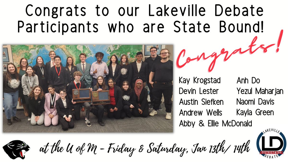 Congrats to Lakeville Debate for qualifying for State... and GOOD LUCK this weekend at the U of M!
For more information: mshsl.org/sports-and-act…

@LHS_DebateTeam