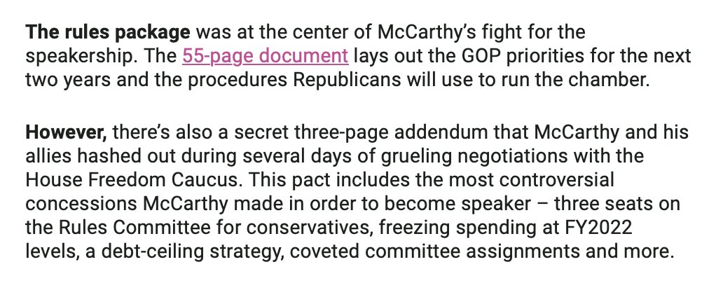 girlsreallyrule's tweet image. Per @PunchbowlNews: there is supposedly a "secret three page addendum" to the 55 page proposed rules plan that McCarthy will try to pass this afternoon in the House. (It's thought that the more major concessions McCarthy was forced to make are in this addendum.)