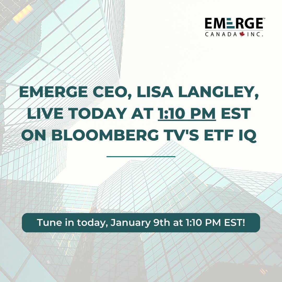 CanadaEmerge's tweet photo. Catch @Emerge CEO Lisa Langley live on @Bloomberg TV's ETF IQ today at 1:10 PM EST! 

She'll be discussing the experience of women in the #ETF industry and Emerge's mission with the launch of the EMPWR ETFs. 

#womeninetfs #womeninfinance #bloomberg #investing #esg #etfs https://t.co/6ahl5K8d8b