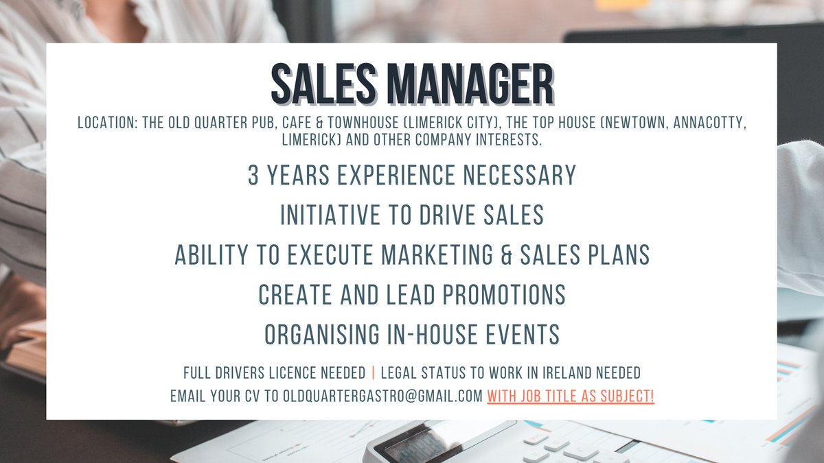 (2/2)
🚗A full drivers License is needed due to this position being in multiple locations, not just at the Old Quarter Pub Café &amp; Townhouse. Send your CV with the job title as the subject to oldquartergastropub@gmail.com 📲
#Limerickjobs #SalesManager