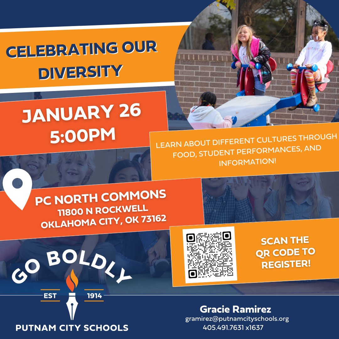 PutnamCityOK's tweet photo. Join us for our District-wide event, Celebrating Our Diversity! You will have the opportunity to explore different cultures through food, clothing, presentations and performances from our own Putnam City Students! 
📆January 26
 ⏰5:00 p.m.
📍PC North
https://t.co/ppLQ1Rgp67 https://t.co/1l1Z5MkDyV