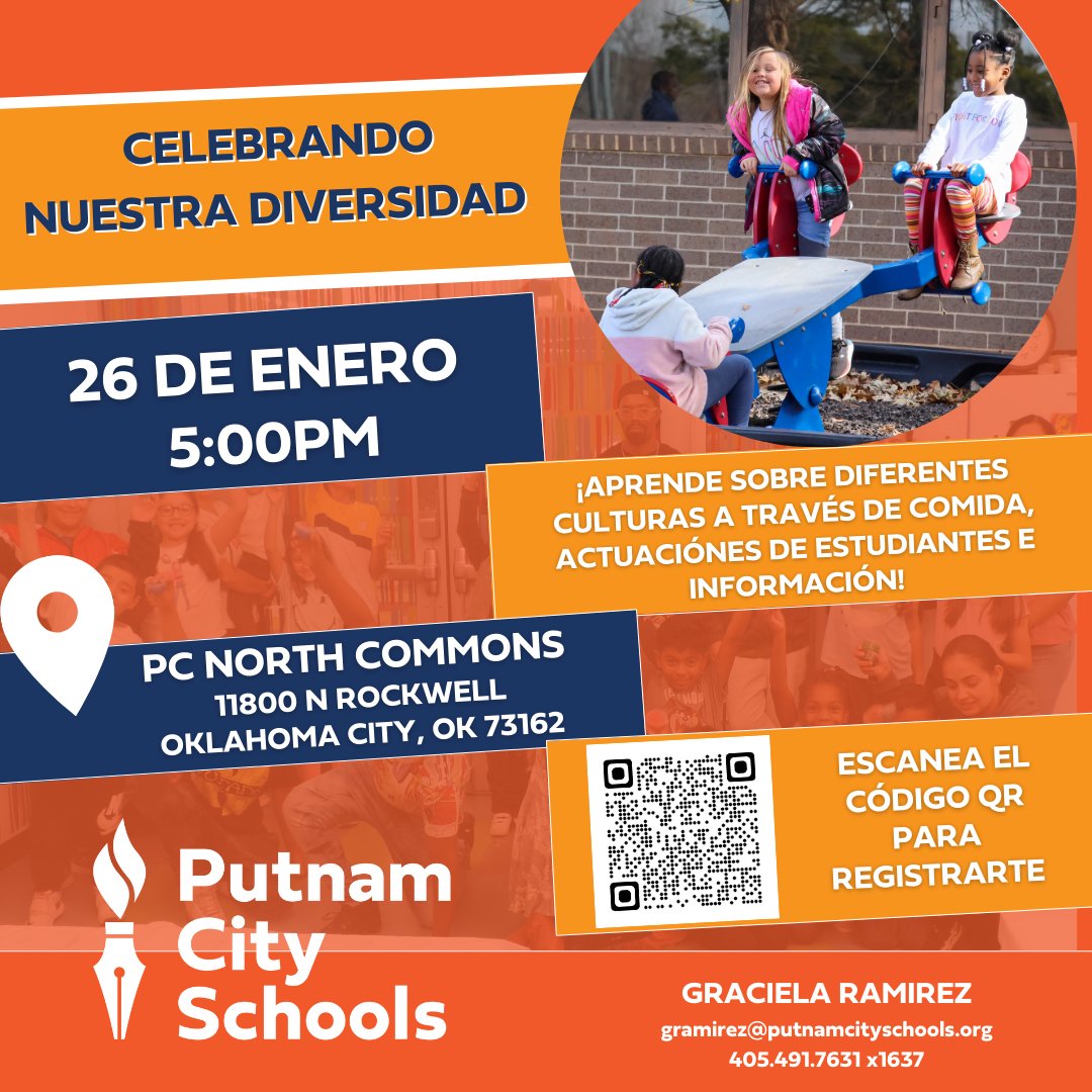 PutnamCityOK's tweet photo. Join us for our District-wide event, Celebrating Our Diversity! You will have the opportunity to explore different cultures through food, clothing, presentations and performances from our own Putnam City Students! 
📆January 26
 ⏰5:00 p.m.
📍PC North
https://t.co/ppLQ1Rgp67 https://t.co/1l1Z5MkDyV