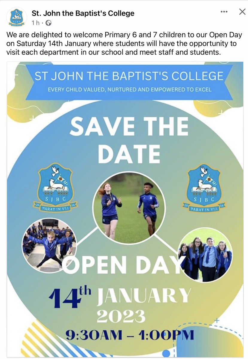 Looking forward to meeting the parents and P6&amp;7 boys and girls to our Open Day on Saturday. This will be an excellent opportunity to meet with staff and pupils of SJBC who will be delighted to chat to you and answers questions about the college😊
