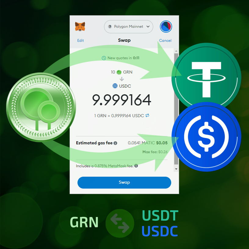 greentrees_io's tweet photo. You can now swap between $GRN and stablecoins - USDC and USDT, the ratio is approximately 1:1.

The easiest way is to swap tokens in your MetaMask wallet. But you can also use Uniswap, the world's largest decentralized exchange.

#grn #greentrees #metamask #stablecoin #usdc #usdt https://t.co/WdPyu0agDo