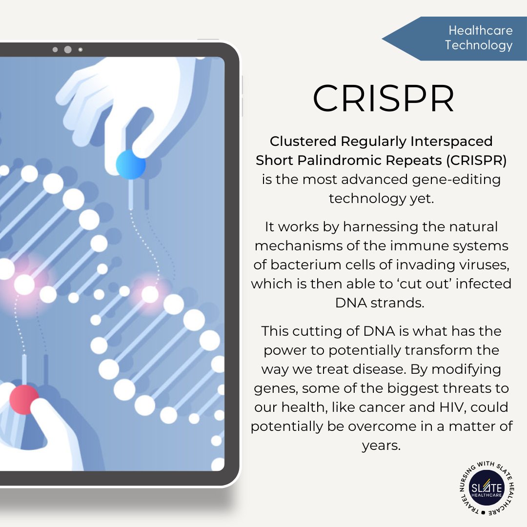 SlateHealthcare's tweet photo. Technology and medicine have gone hand and hand for many years. Consistent advances in pharmaceuticals and the medical field have saved millions of lives and improved many others. Today, we're talking about CRISPR and its potential. 

#nurses #healthcaretechnology #travelnurse https://t.co/Xdc69VctEZ