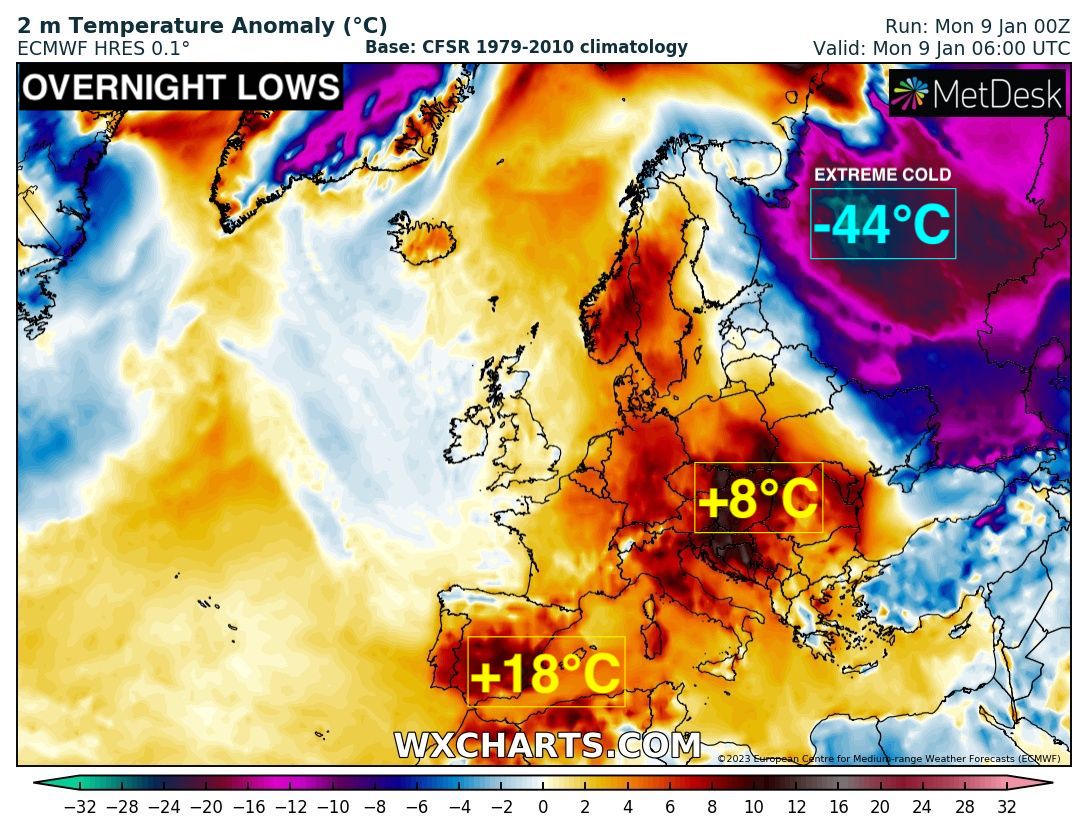 ScottDuncanWX's tweet photo. Brutal cold in Russia with lows dropping below -40°C. 

Meanwhile much of Europe remains very warm for this time of year. Not even dropping below 18°C by night in Southern Spain. https://t.co/lXbRv7jrwM