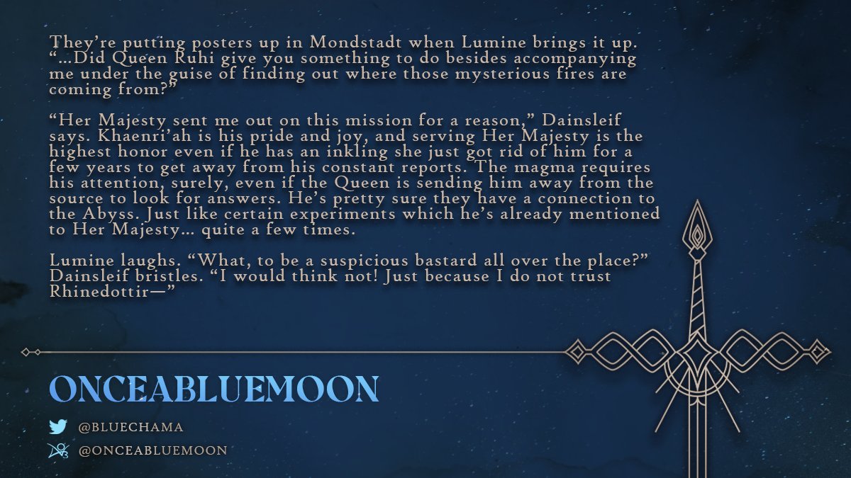 Bluechama's tweet photo. I posted my fic for the @DainsleifZine! Dainsleif and Lumine make their way across  Teyvat, trying to find a solution for the burning in Khaenri'ah... You can find it here: https://t.co/iJiXl6nGdr! 

The zine's leftover sale is open, so go get your copy!
https://t.co/QzEitNLNiO https://t.co/9BocM66Qb5