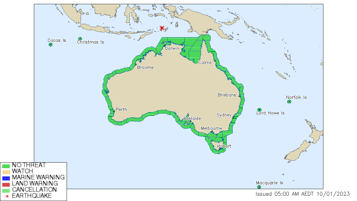 BOM_au's tweet photo. No #tsunami threat to Australia from magnitude 7.5 #earthquake near Tanimbar Islands Reg., Indonesia. Latest advice at https://t.co/Tynv3ZQpEq. https://t.co/XHqUgyrJz9